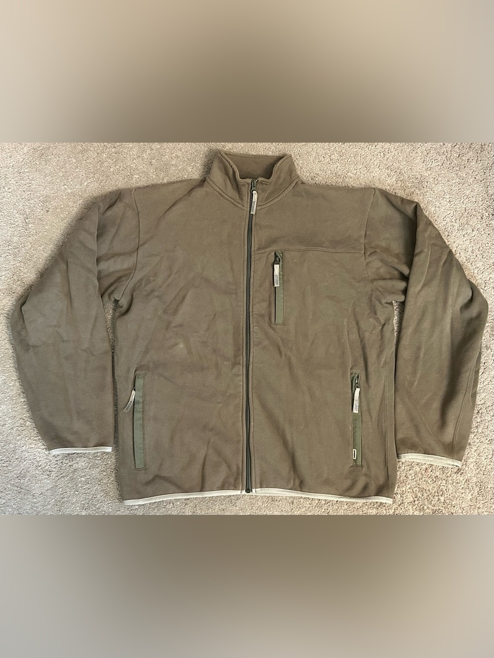 Stussy Fleece-Lined Zip-up Jacket Olive Green Large Front Pockets Collar